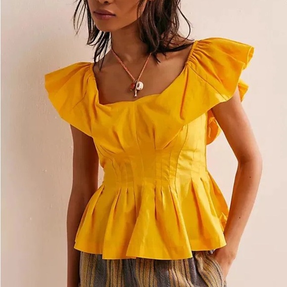 Free People Yellow Ruffled Peplum Blouse - Picture 2 of 7